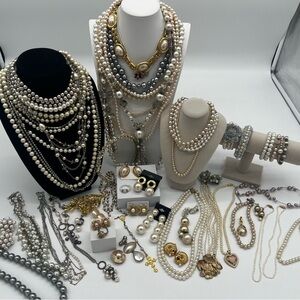 Large Vintage Pearl Jewelry Lot 60 Pieces Rings Necklaces Bracelets Earrings 4Ib